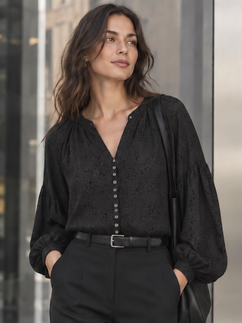 Z SUPPLY Mazzy Stamped Black Button Front Balloon Sleeve Blouse Size Medium